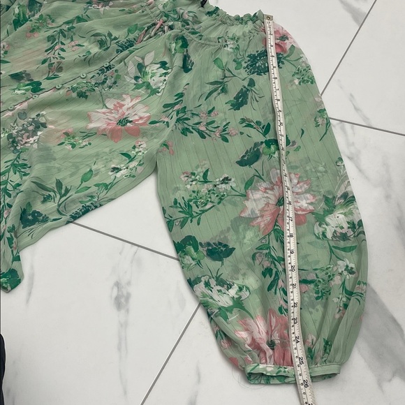 Zara Floral Sheer Blouse in Mint Green & Pink Ruffle Collar with Tie Flowy Fit - Picture 16 of 16
